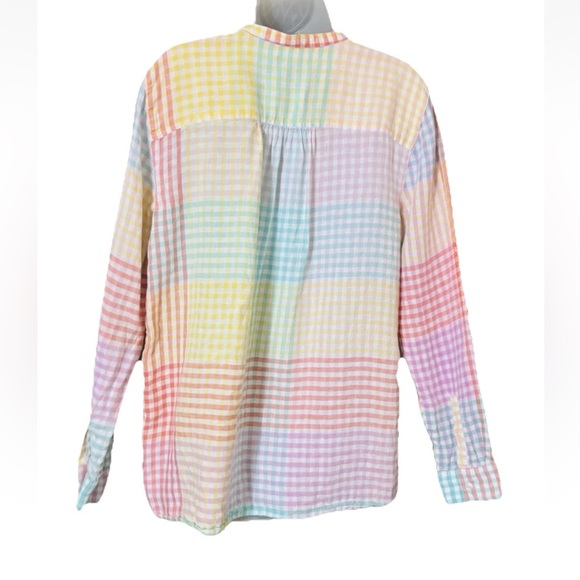 Lands End Women’s Petite M Pastel Patchwork Gingham Plaid Linen Rainbow Top - Picture 2 of 11